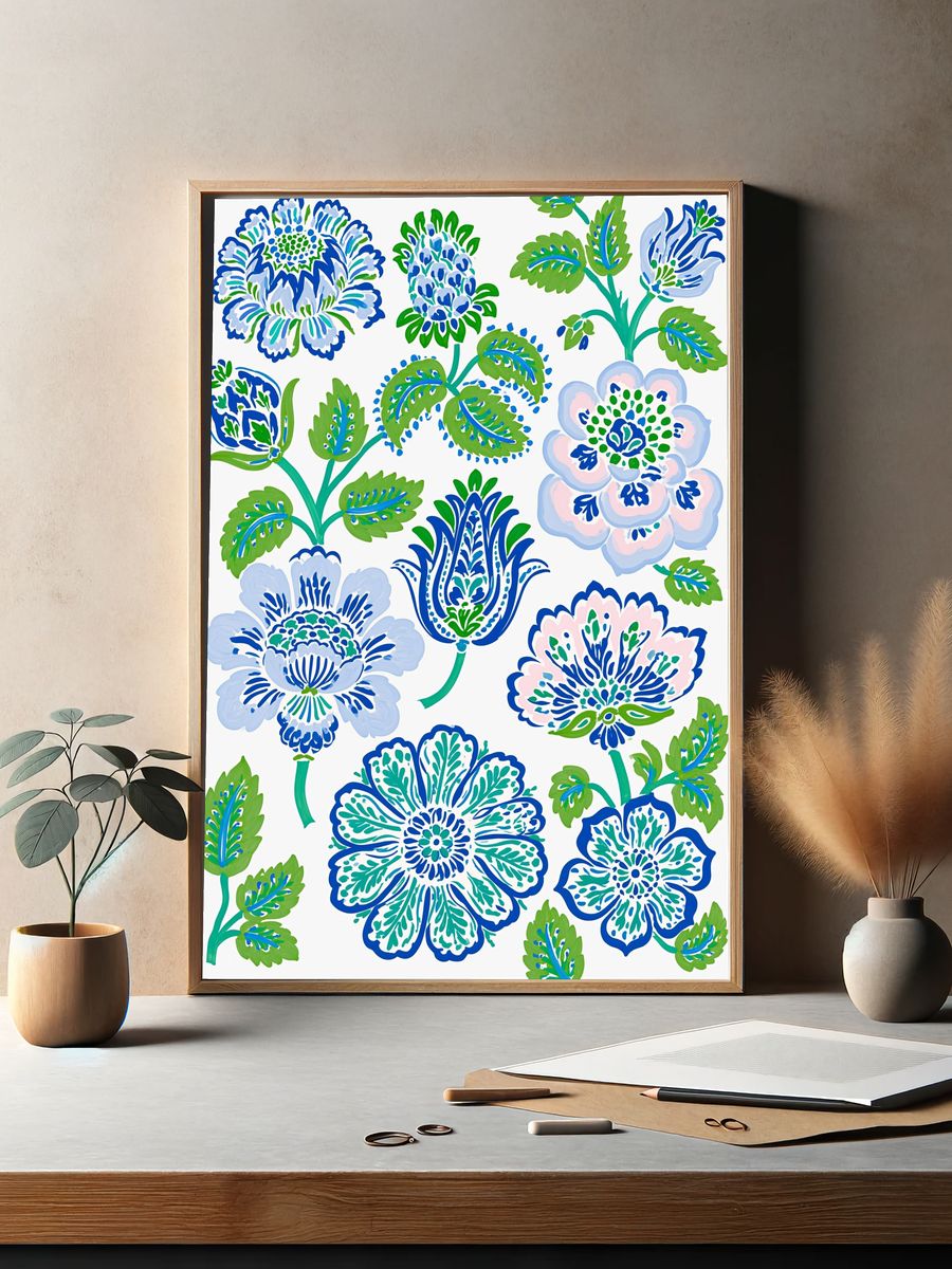 Blue Floral Pattern Poster. — room view 2