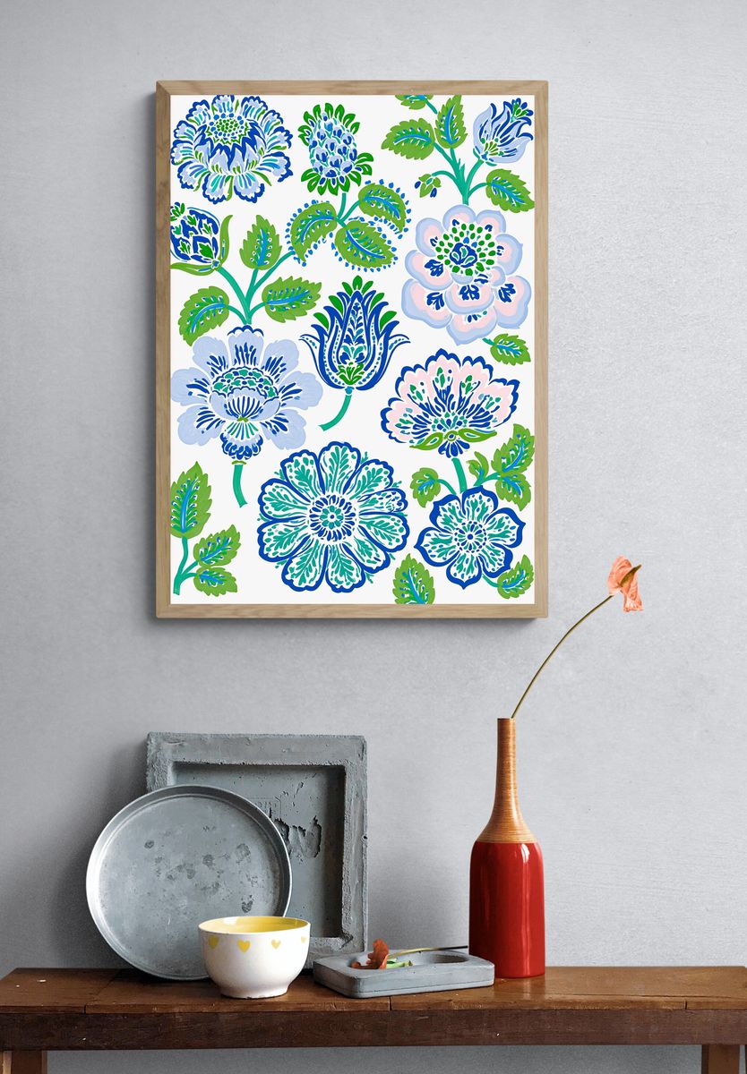 Blue Floral Pattern Poster. — room view 3
