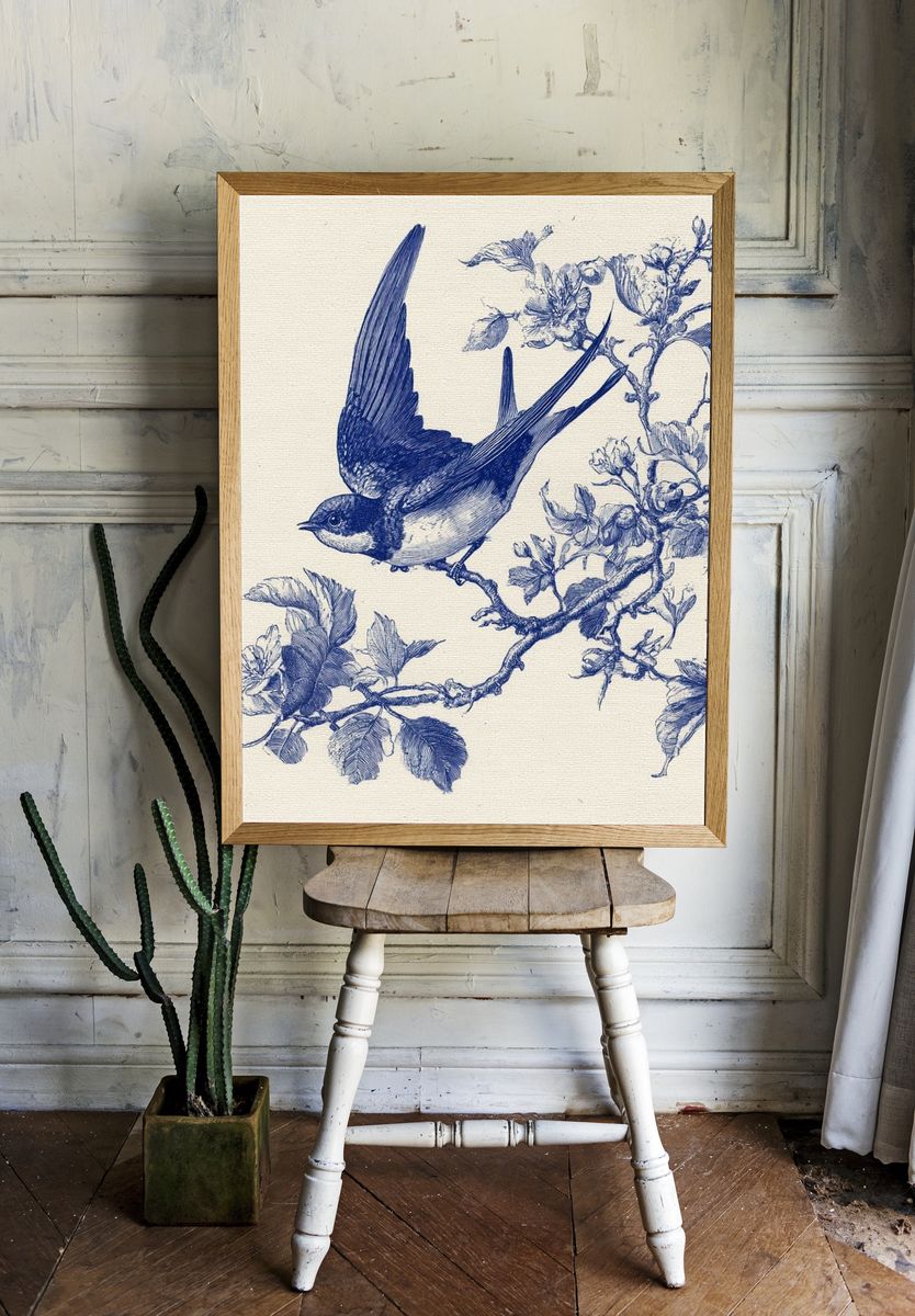Blue Swallow Botanical Print. room preview