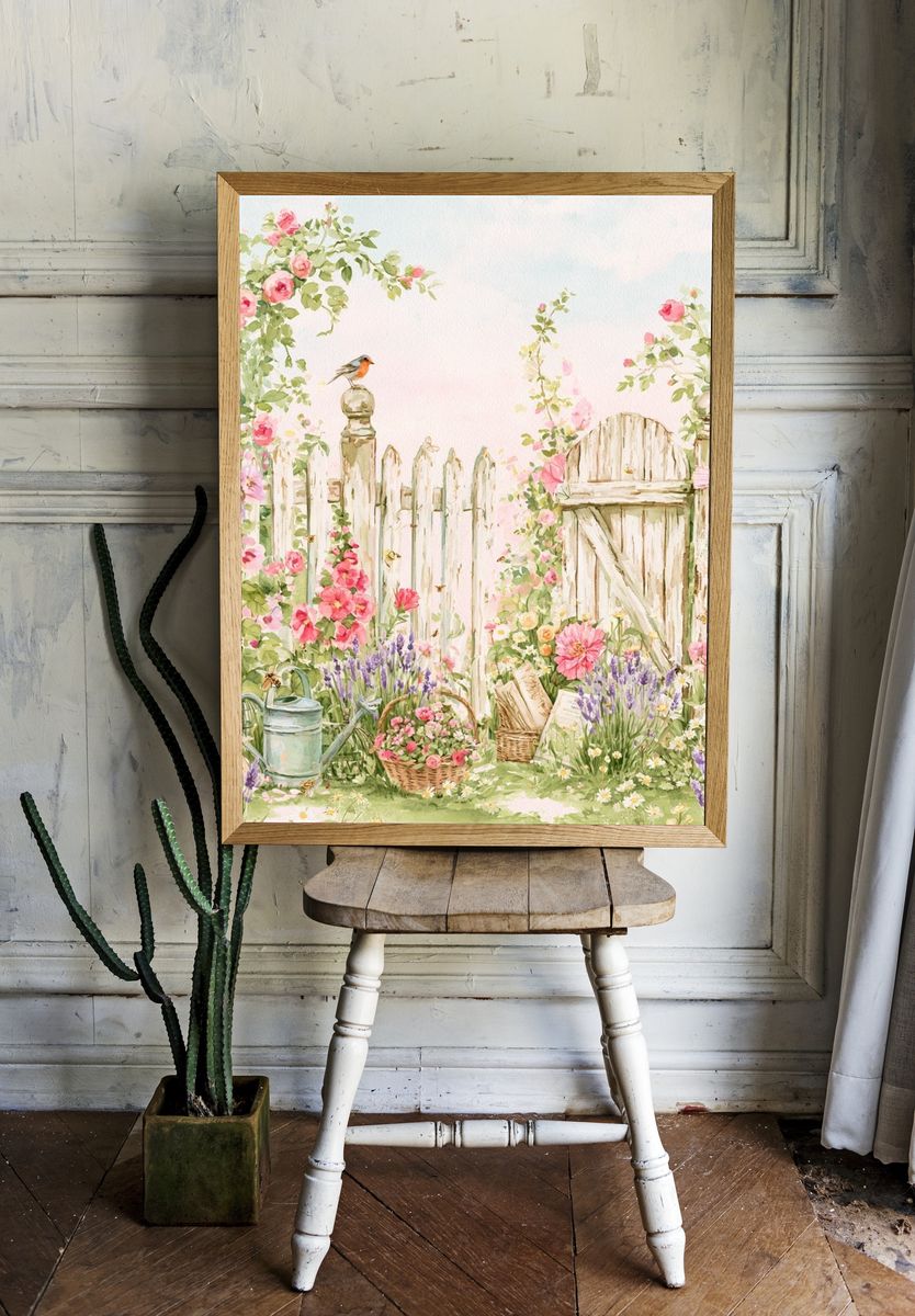 Pastel Cottage Garden Watercolor Poster. — room view 1