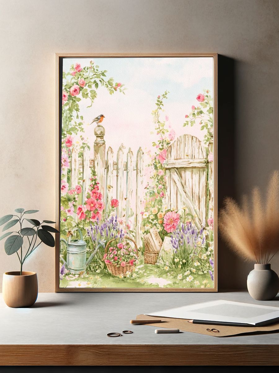 Pastel Cottage Garden Watercolor Poster. — room view 2