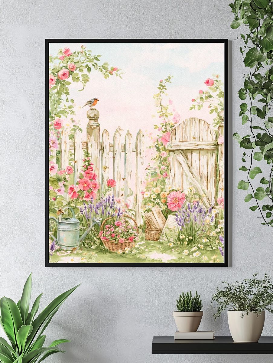 Pastel Cottage Garden Watercolor Poster. — room view 4