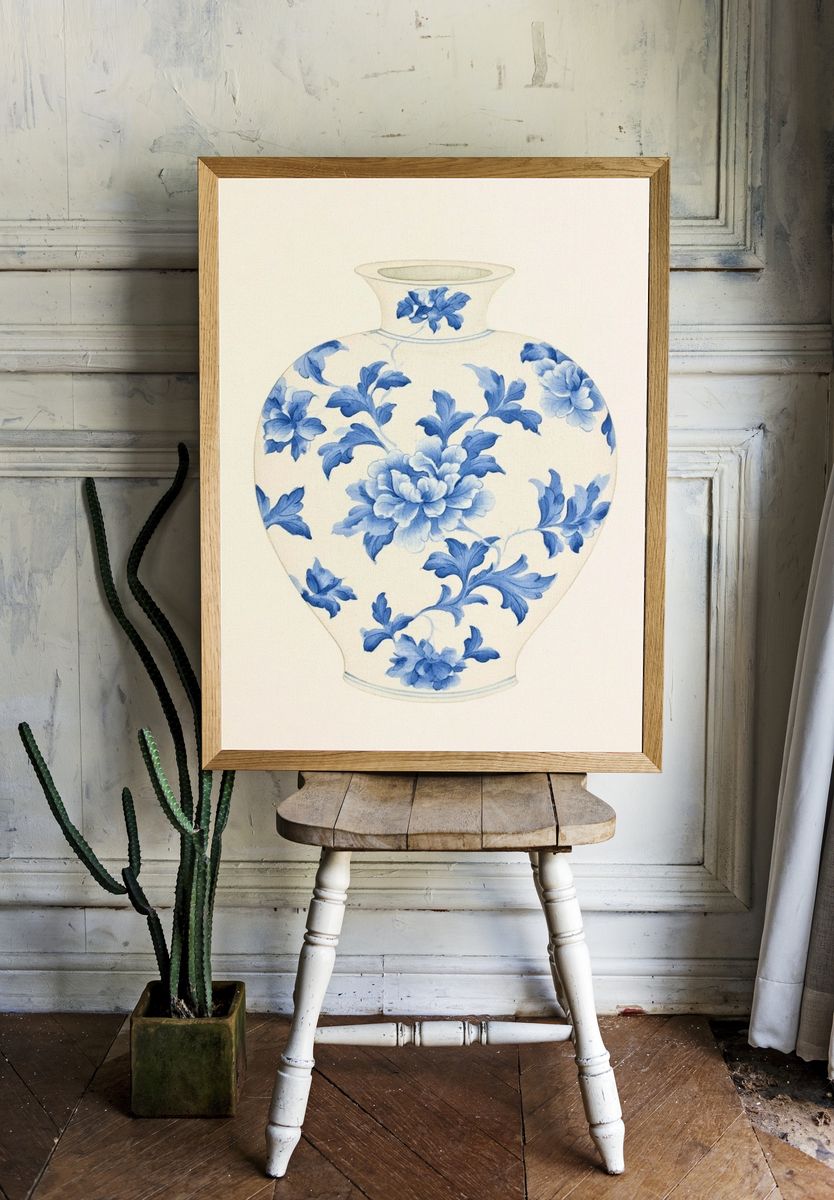 Blue Floral Vase Botanical Print. room preview