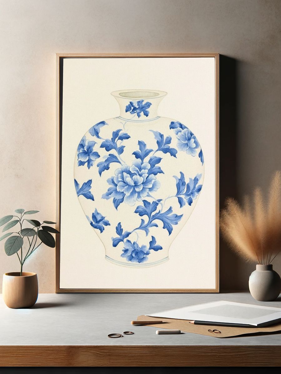 Blue Floral Vase Botanical Print. — room view 2