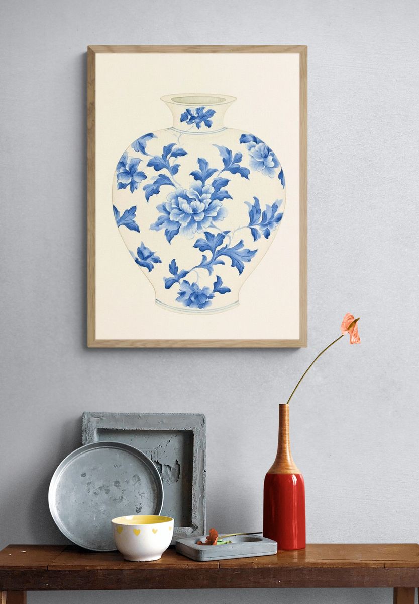 Blue Floral Vase Botanical Print. — room view 3