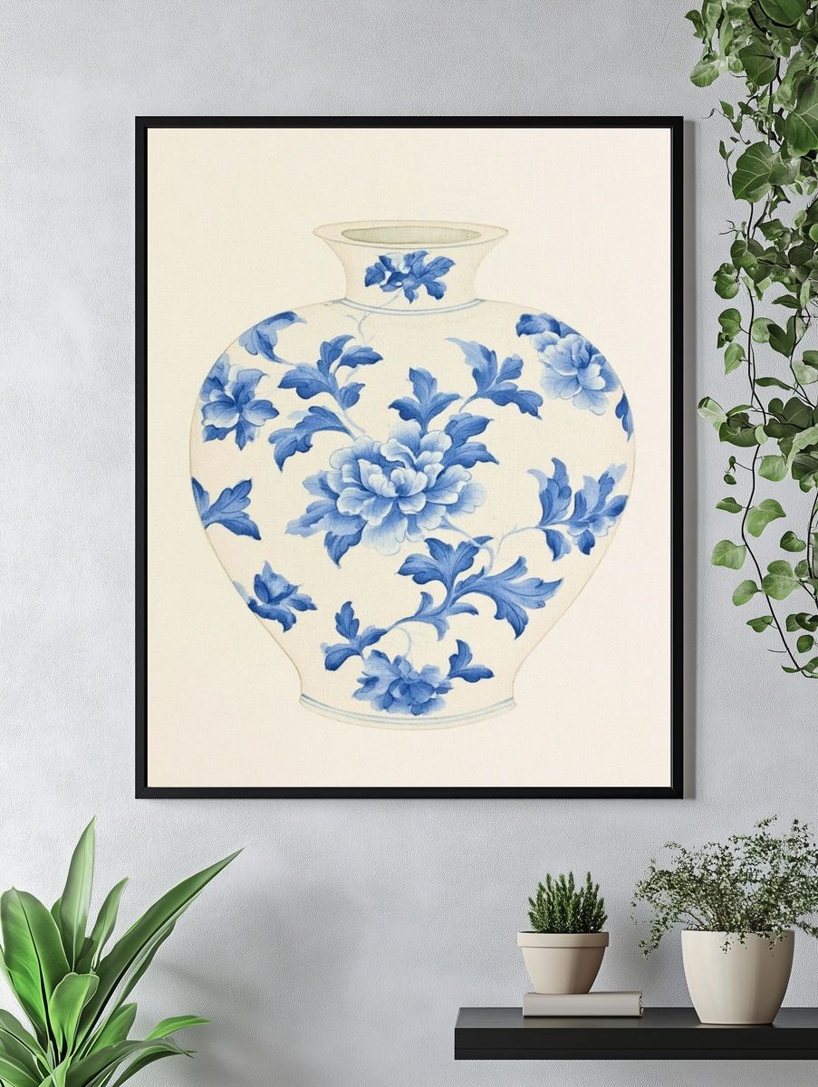 Blue Floral Vase Botanical Print. — room view 4