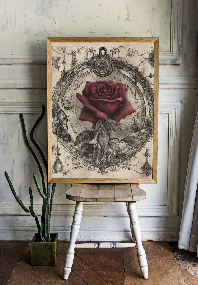 Crimson Rose Vintage Print. room preview