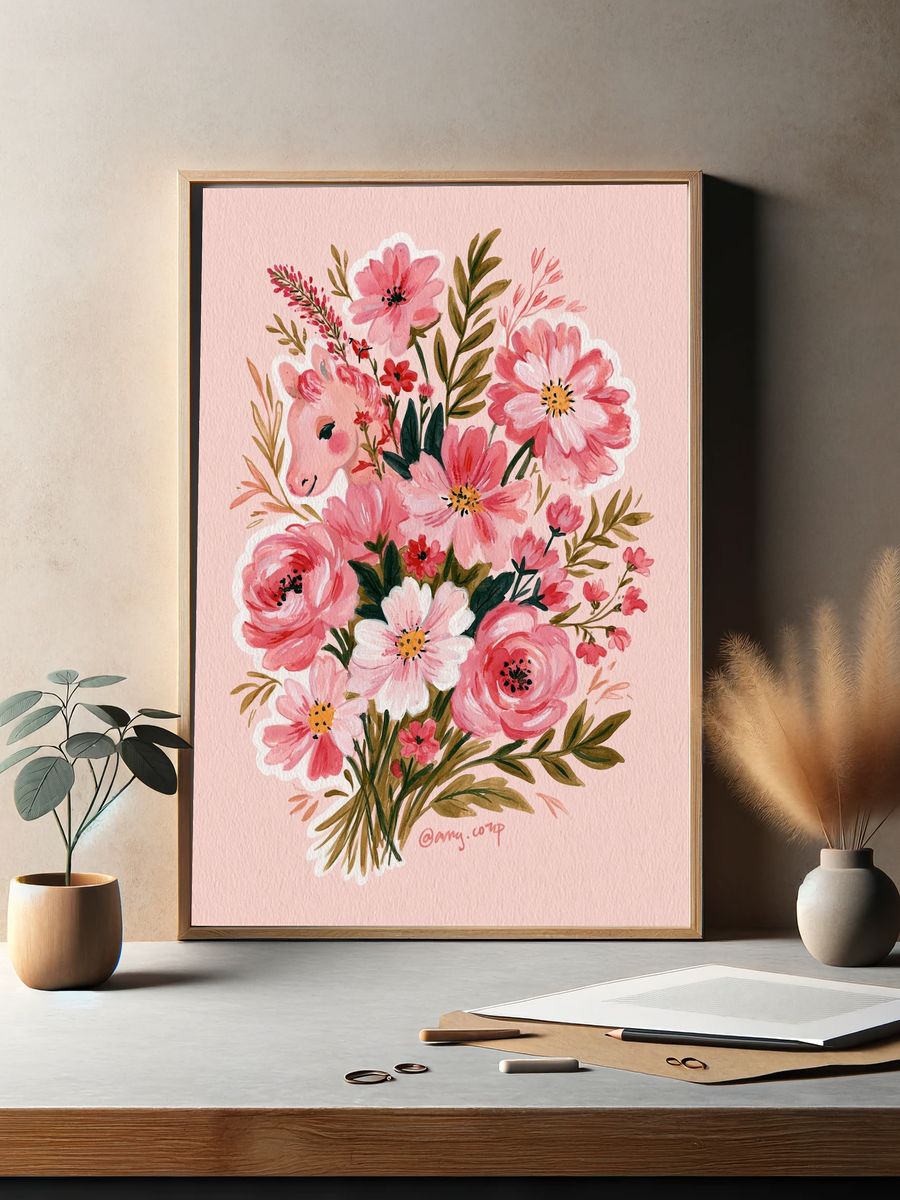 Pink Floral Watercolor Bouquet Print. — room view 2