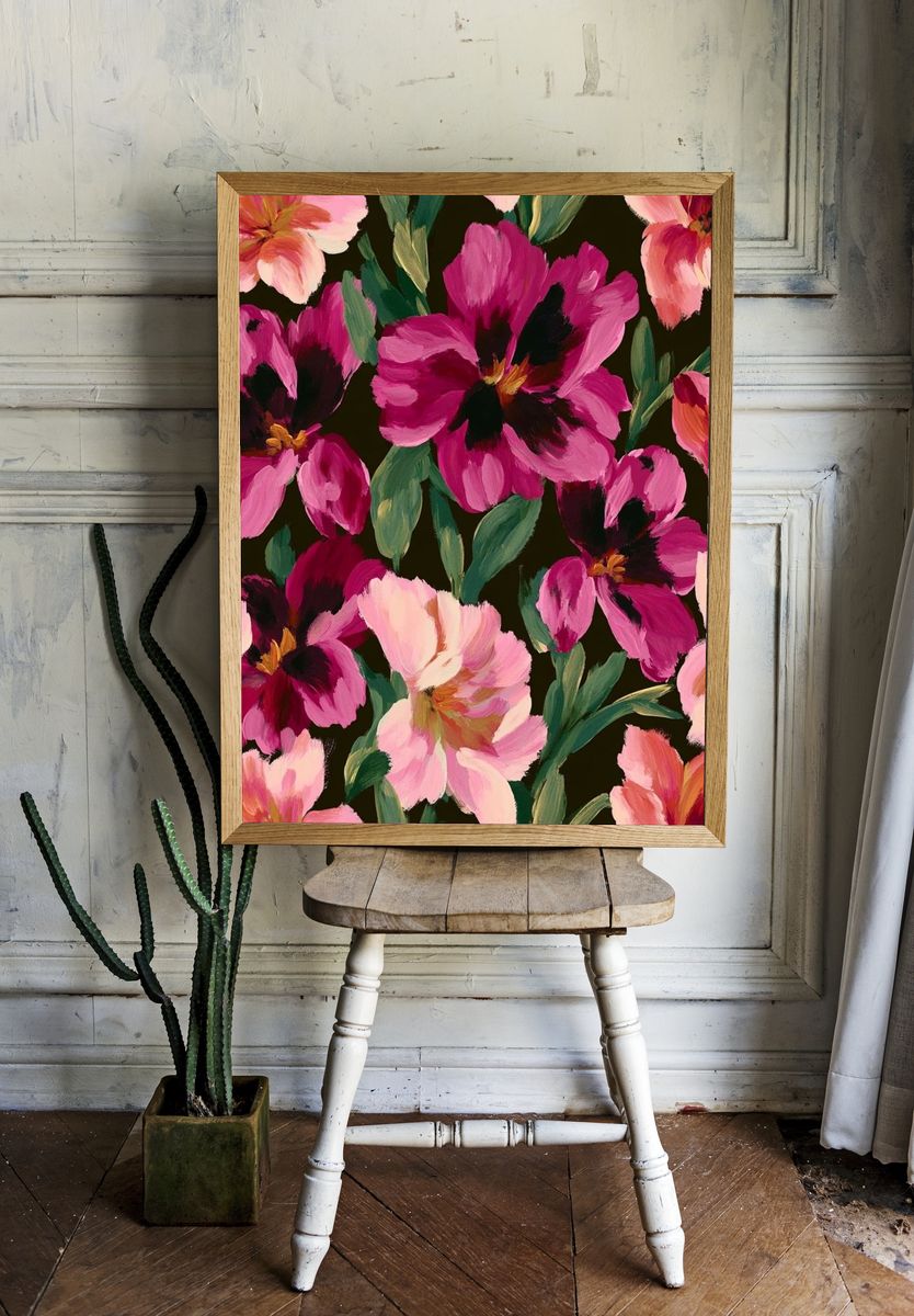 Pink Floral Garden Illustration Poster. — room view 1