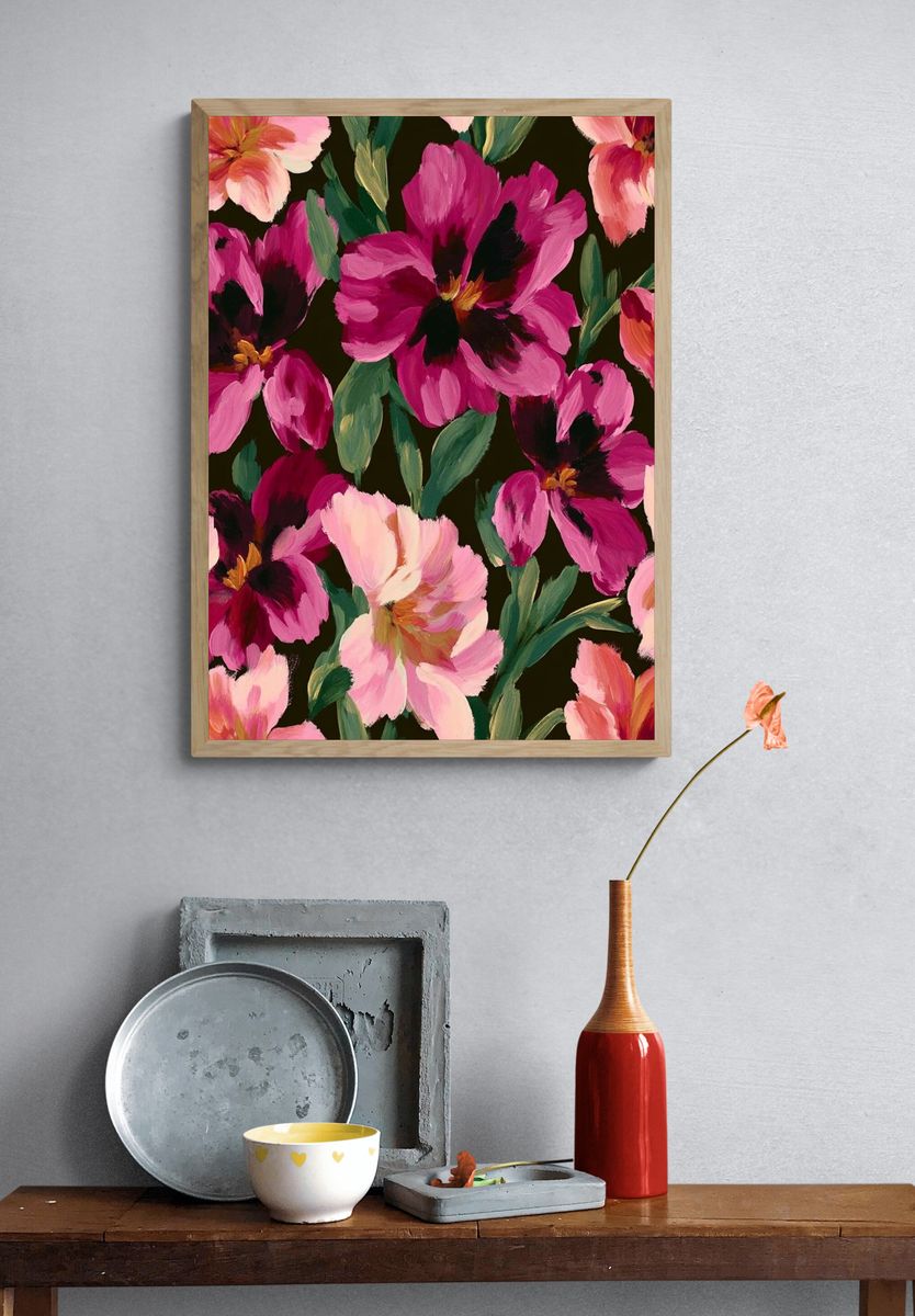 Pink Floral Garden Illustration Poster. — room view 3