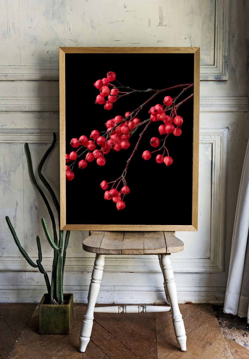Red Berry Branch Botanical Print. room preview