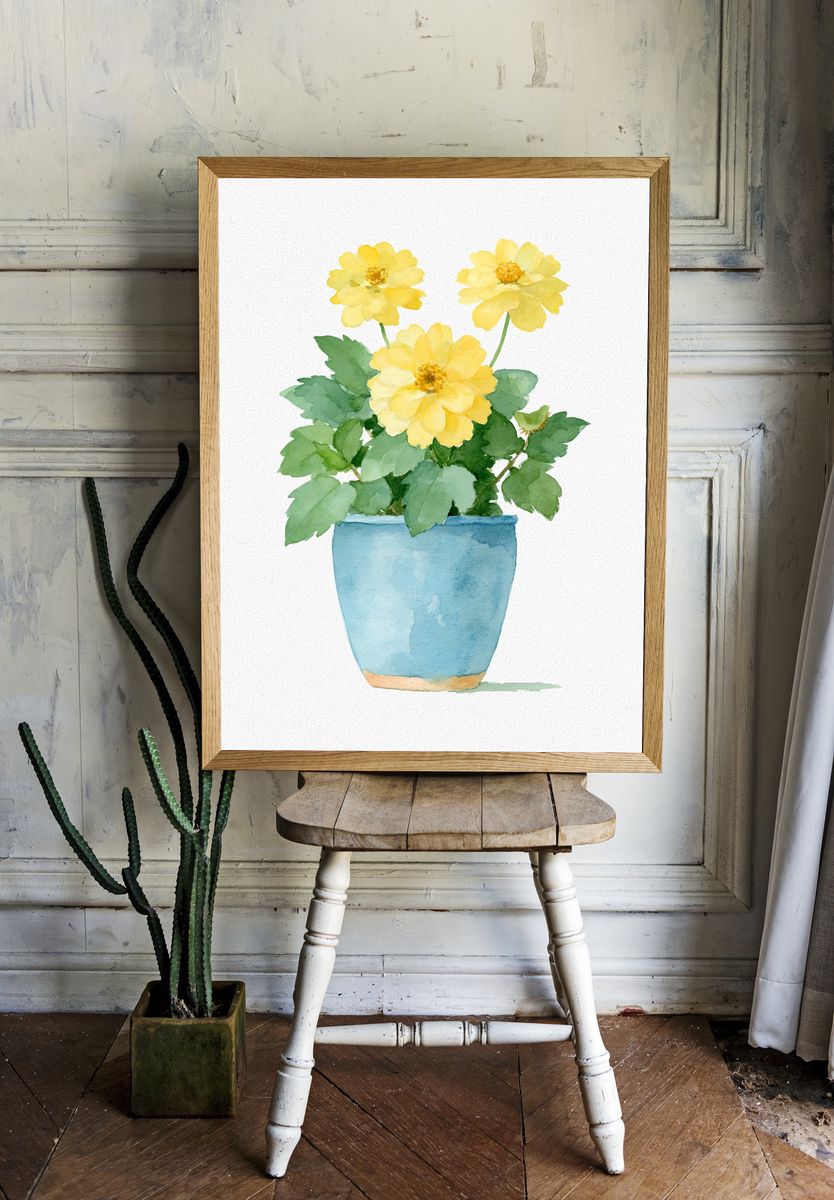 Yellow Flowers in Blue Pot Print. — room view 1