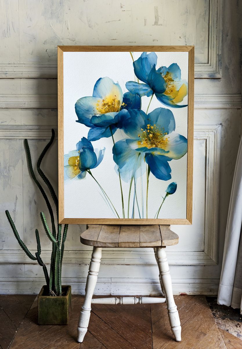 Blue Floral Watercolor Poster. room preview