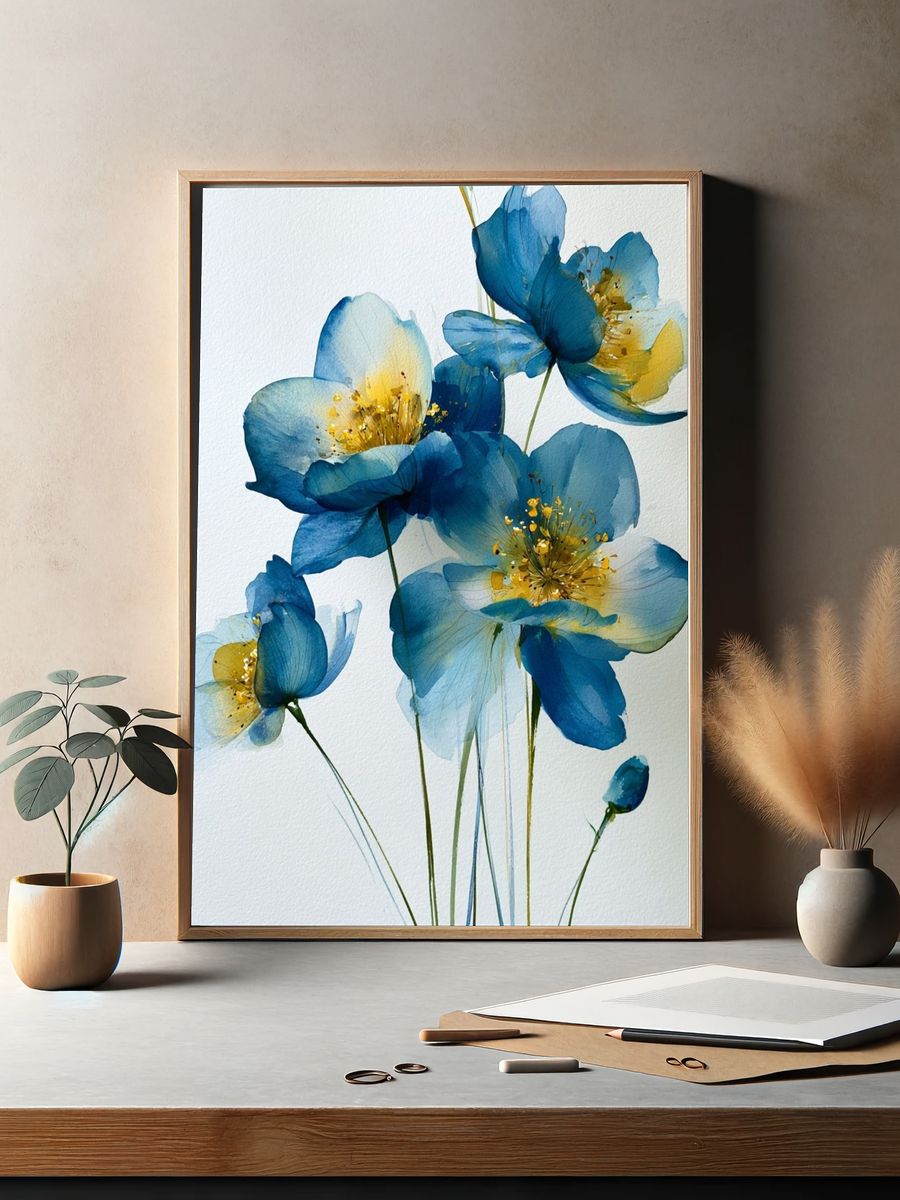 Blue Floral Watercolor Poster. — room view 2
