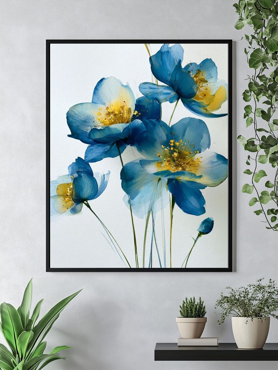 Blue Floral Watercolor Poster. — room view 4