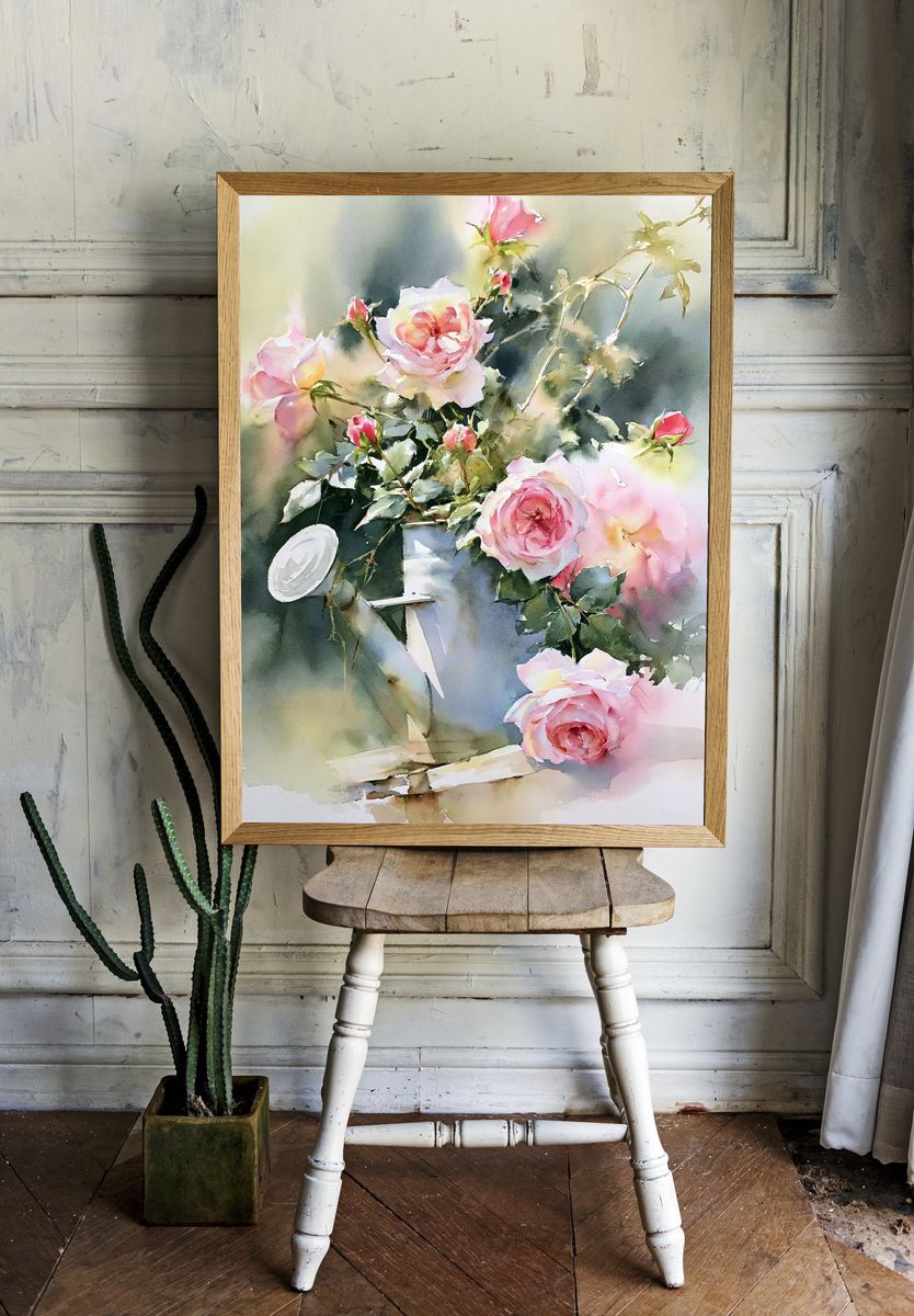 Pink Roses Watercolor Print. — room view 1