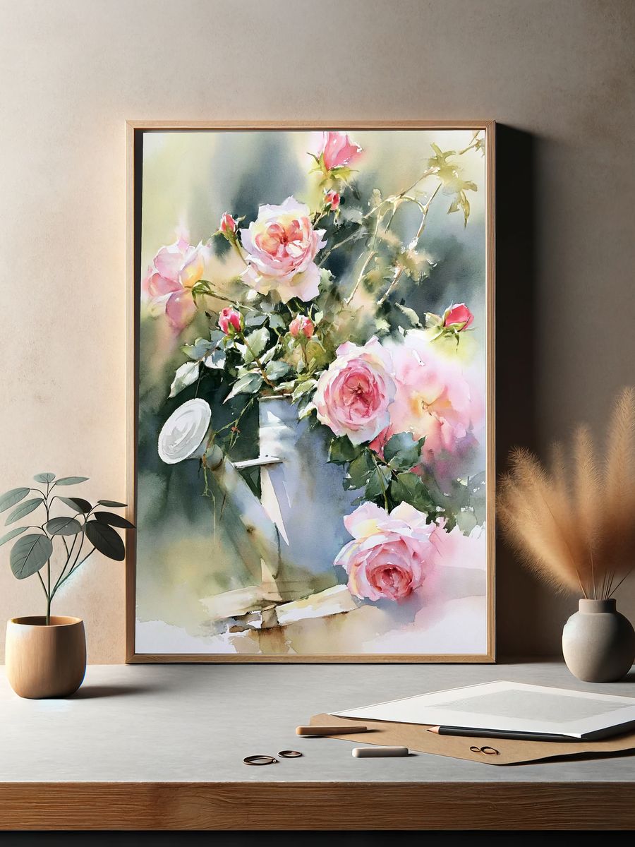 Pink Roses Watercolor Print. — room view 2