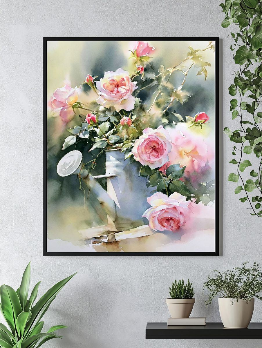 Pink Roses Watercolor Print. — room view 4