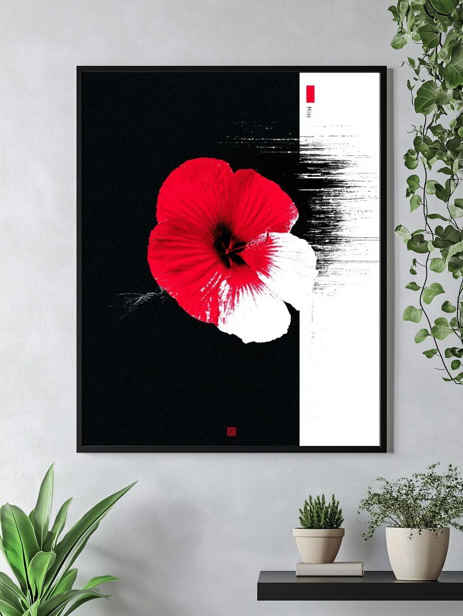 Red Hibiscus Ink Poster. — room view 4