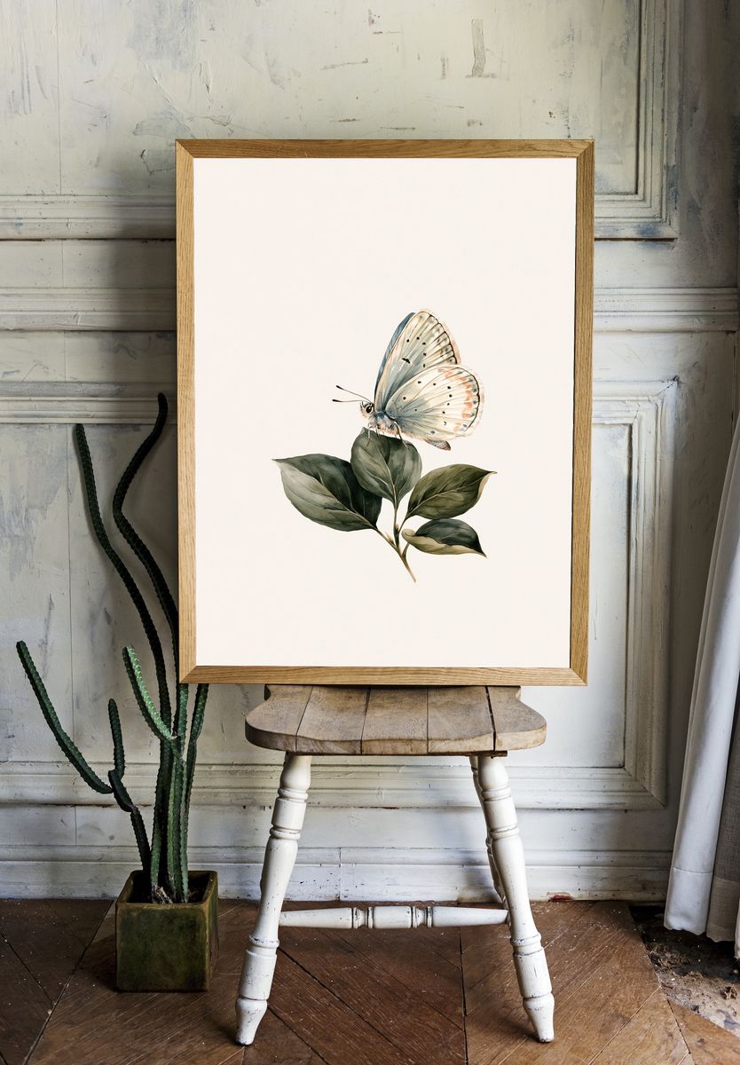 Butterfly on Leaves Watercolor Print. — room view 1