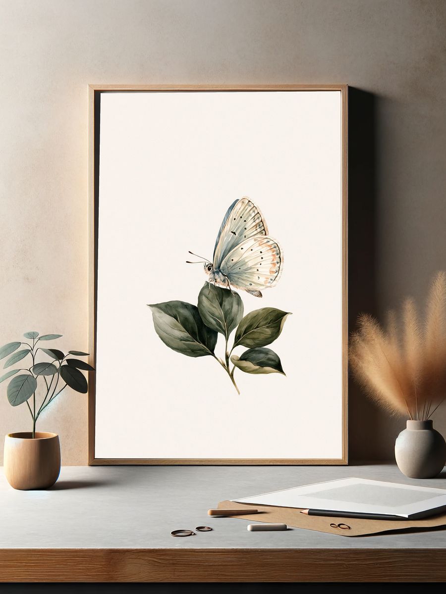 Butterfly on Leaves Watercolor Print. — room view 2