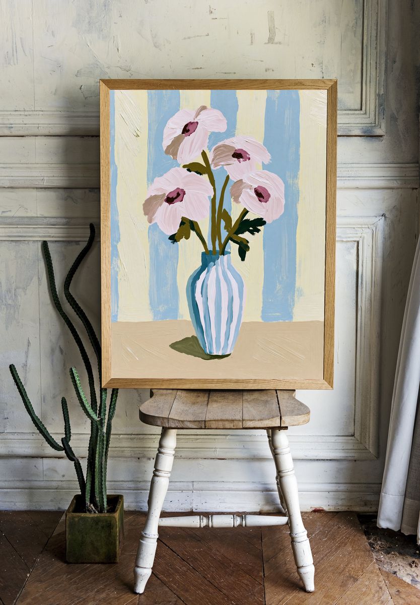 Pastel Flowers in Vase Print. — room view 1