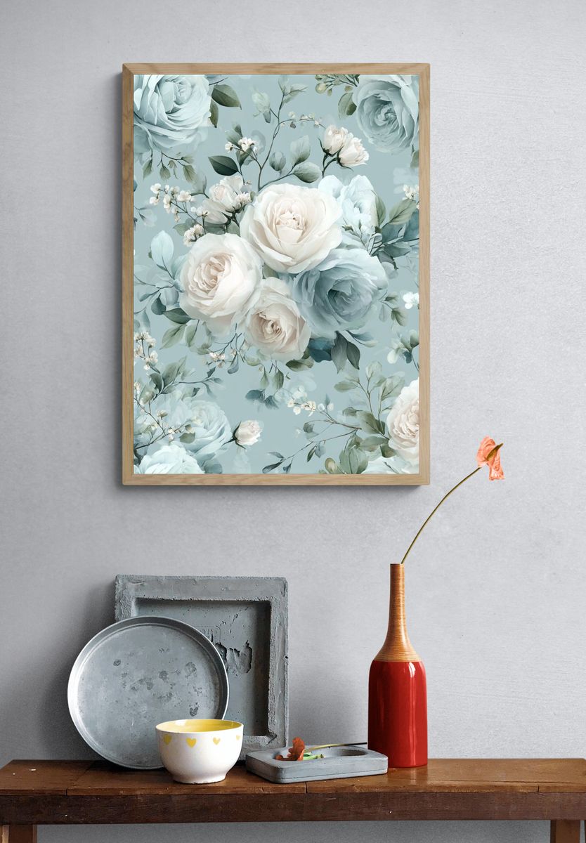 Blue Rose Floral Pattern Print. — room view 3