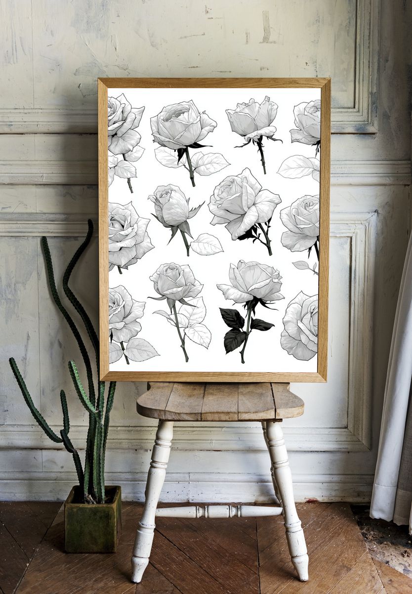 White Roses Botanical Print. — room view 1