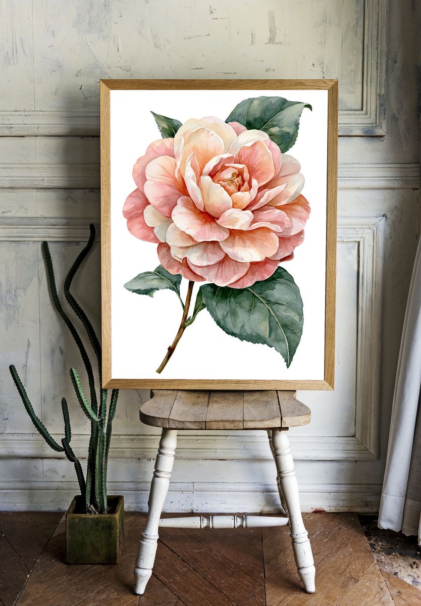Pink Camellia Watercolor Poster. — room view 1