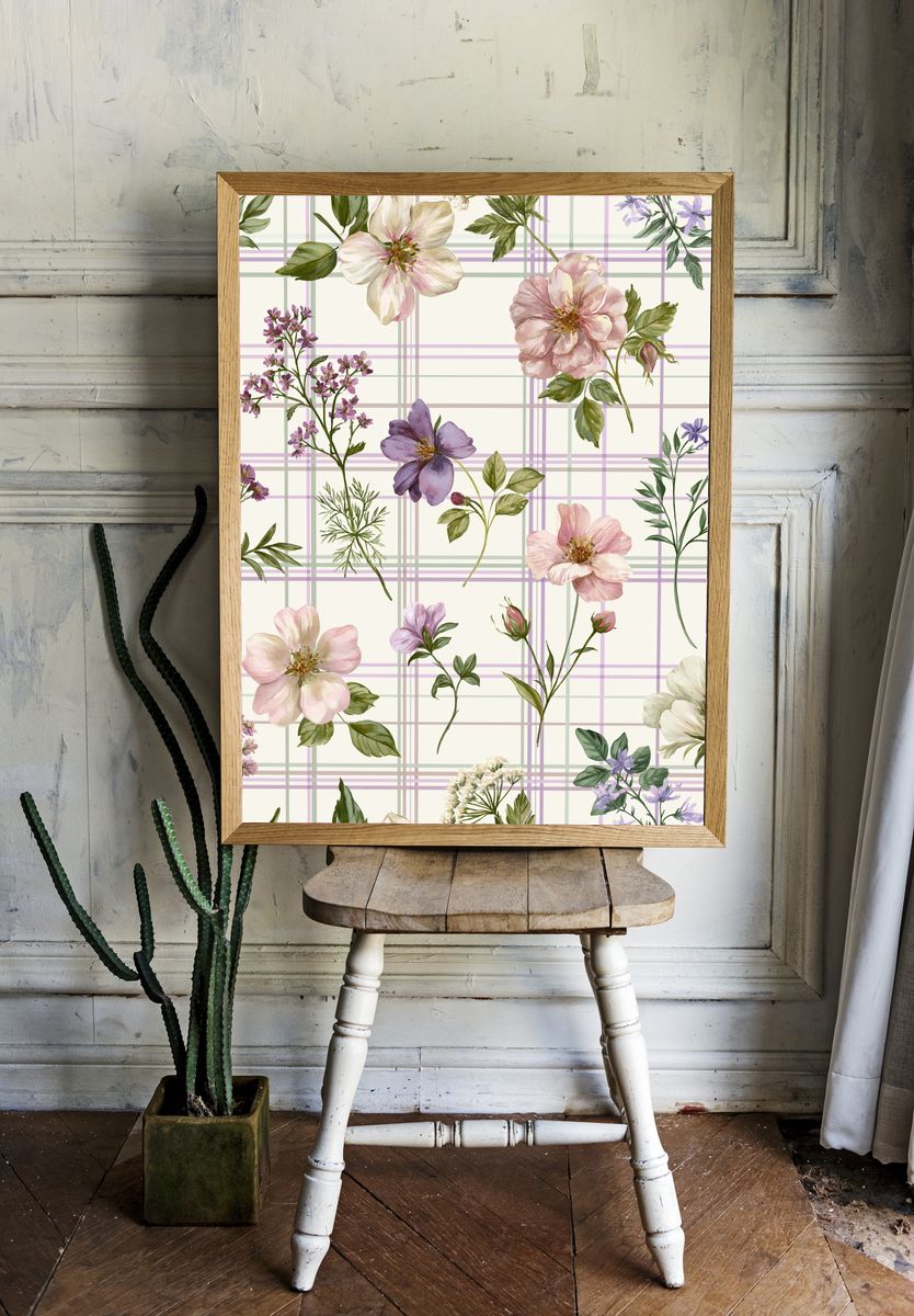 Pastel Floral Plaid Botanical Print. — room view 1
