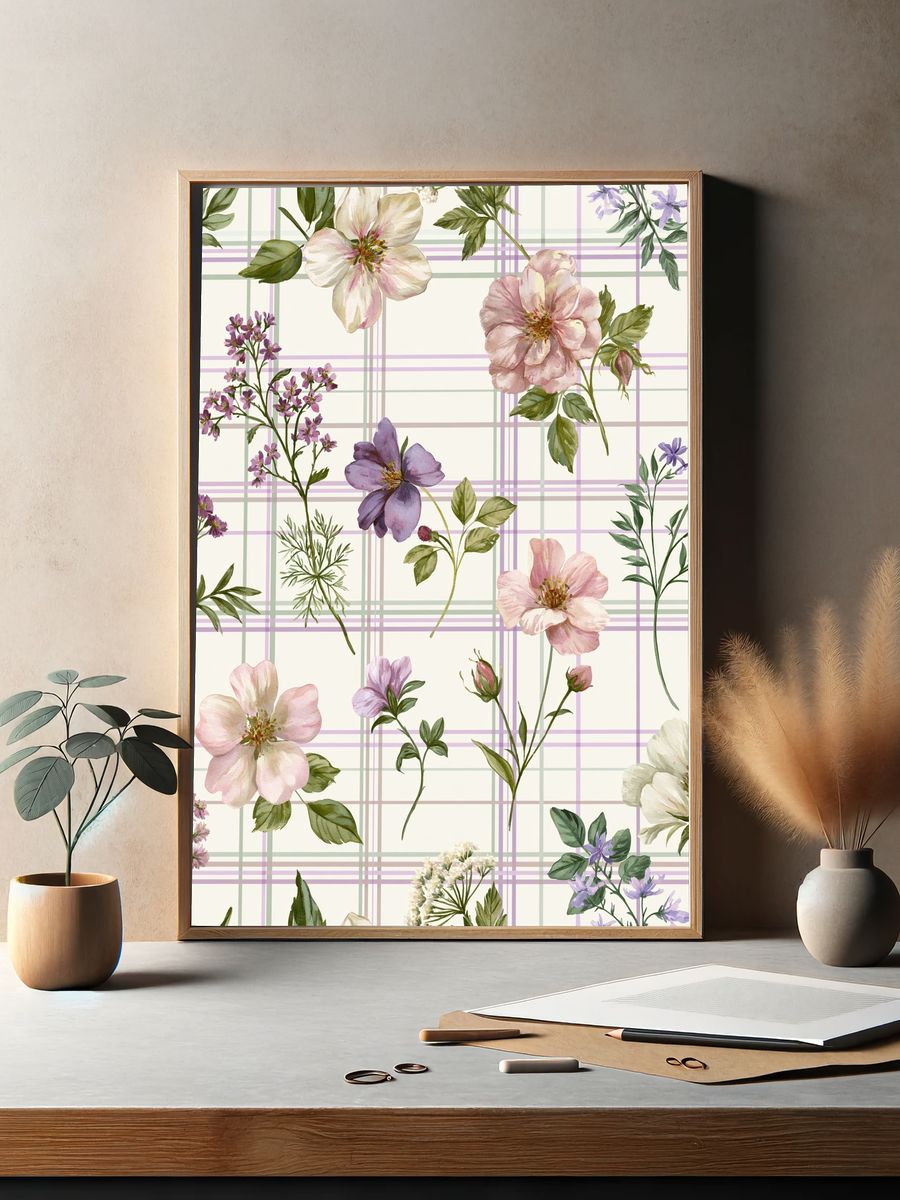 Pastel Floral Plaid Botanical Print. — room view 2