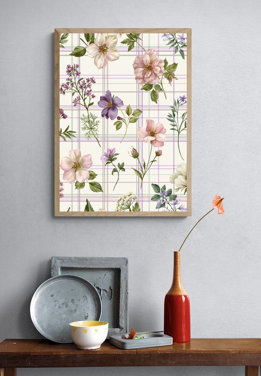 Pastel Floral Plaid Botanical Print. — room view 3