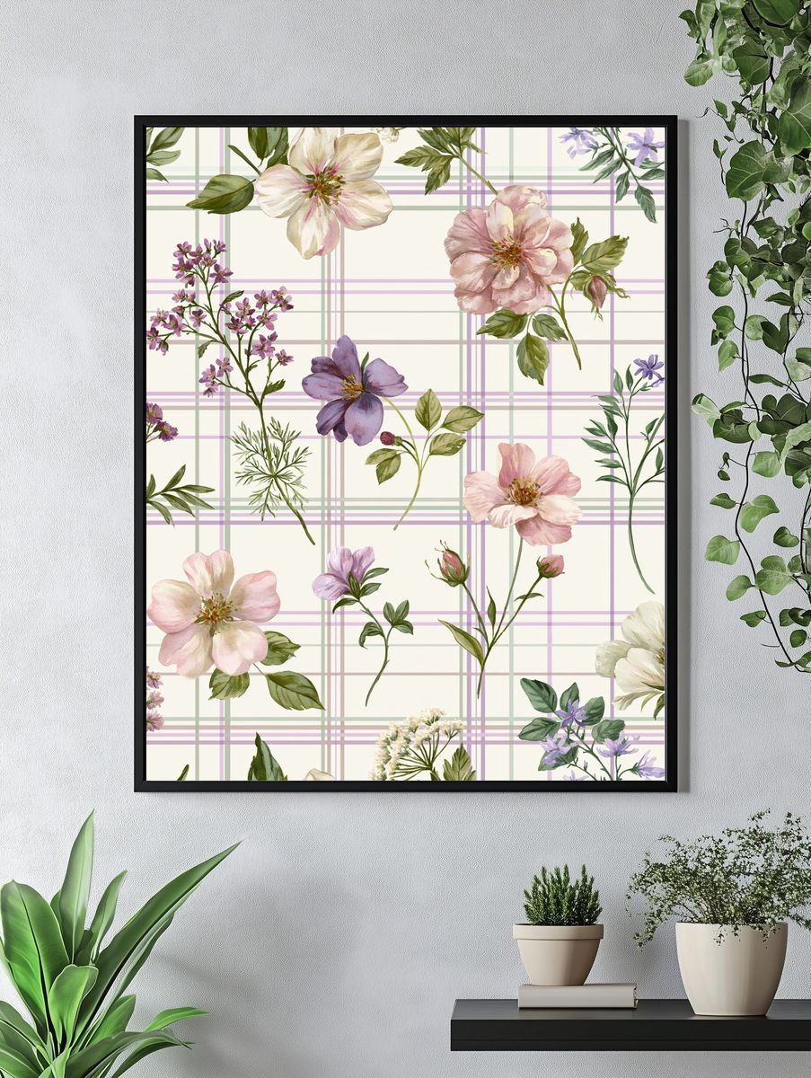Pastel Floral Plaid Botanical Print. — room view 4