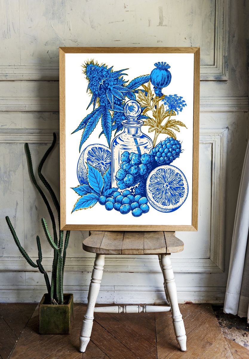 Blue Botanical Still Life Poster. room preview