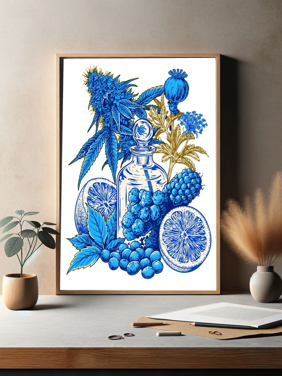 Blue Botanical Still Life Poster. — room view 2