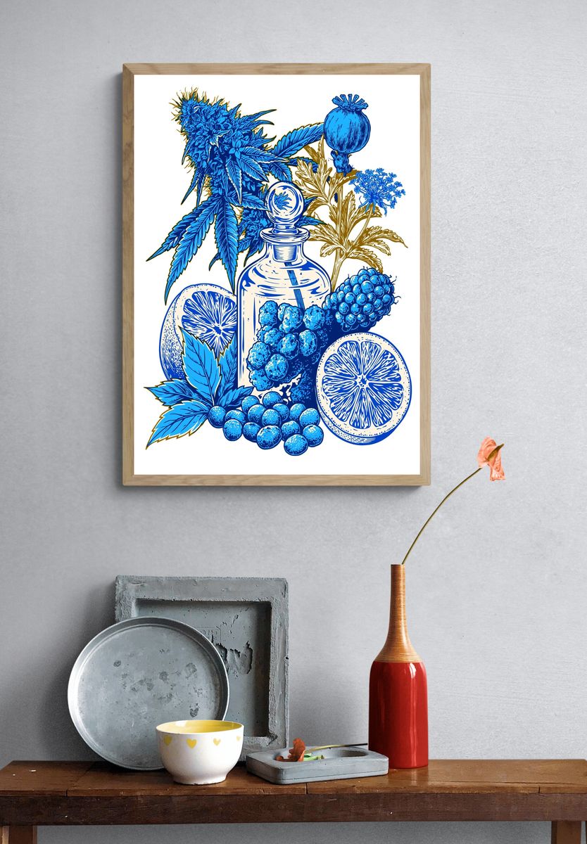 Blue Botanical Still Life Poster. — room view 3