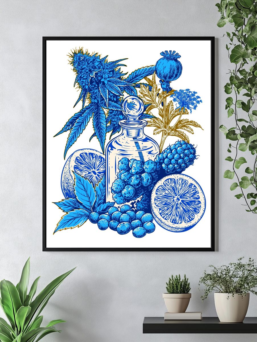 Blue Botanical Still Life Poster. — room view 4