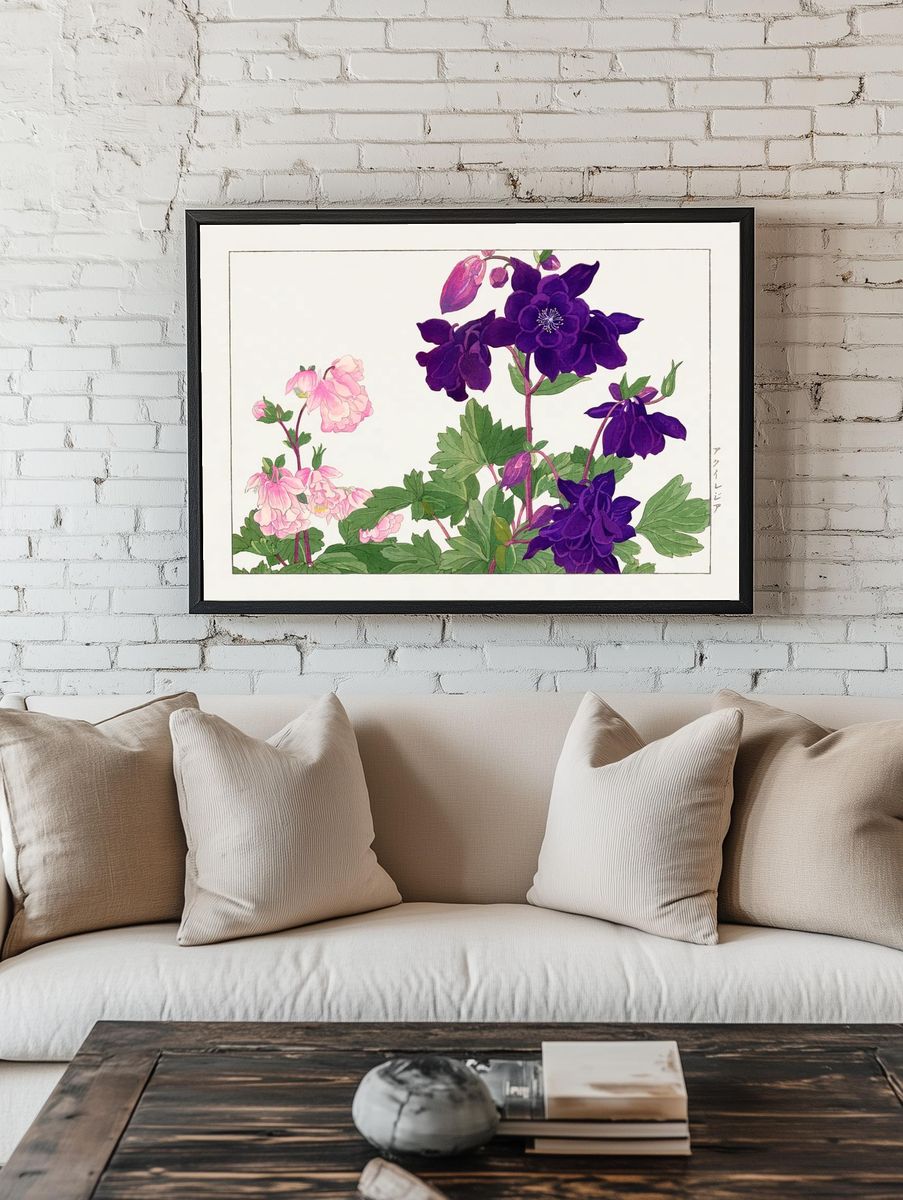Aquilegia flower woodblock painting. Digitally. — room view 1