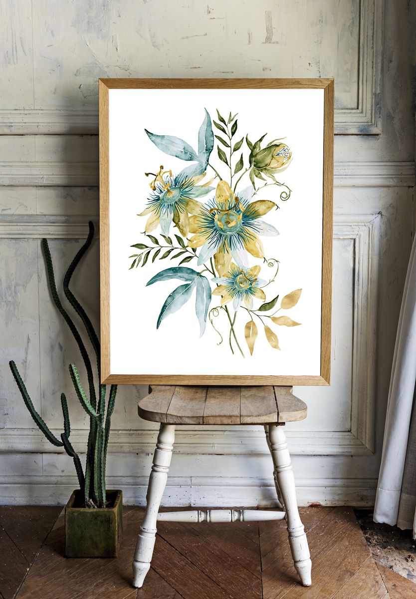 Blue Passionflower Botanical Poster. — room view 1