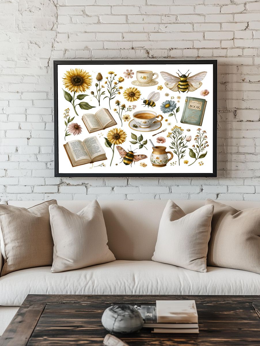 Cottagecore Botanicals and Bees Poster. — room view 1