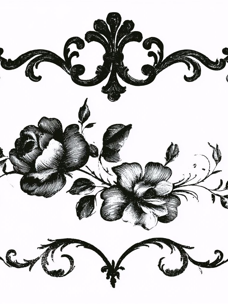 Floral Ornamental Black-White Print. poster — botanical art