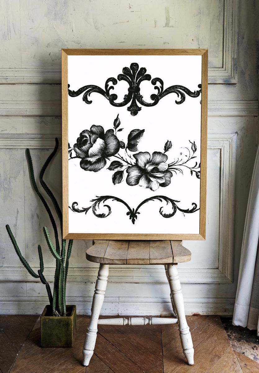 Floral Ornamental Black-White Print. — room view 1