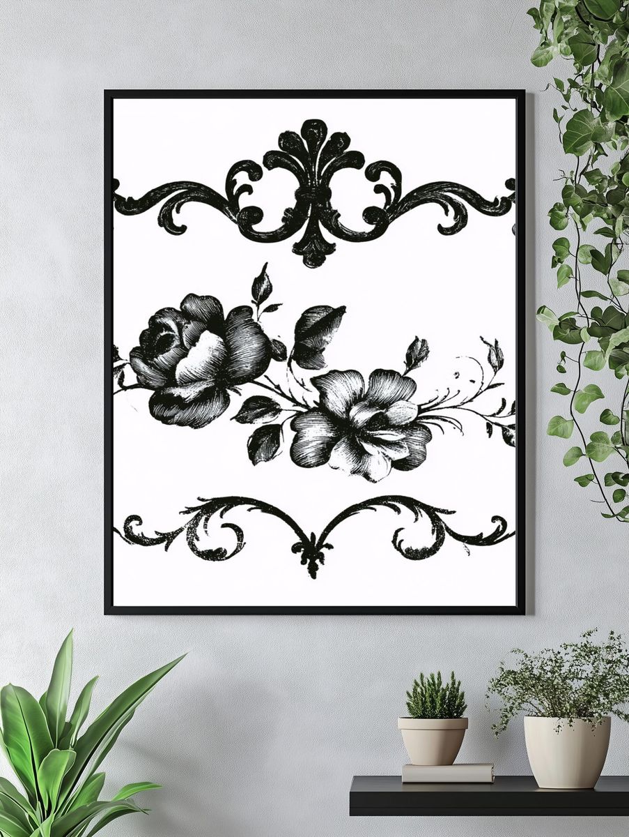 Floral Ornamental Black-White Print. — room view 4