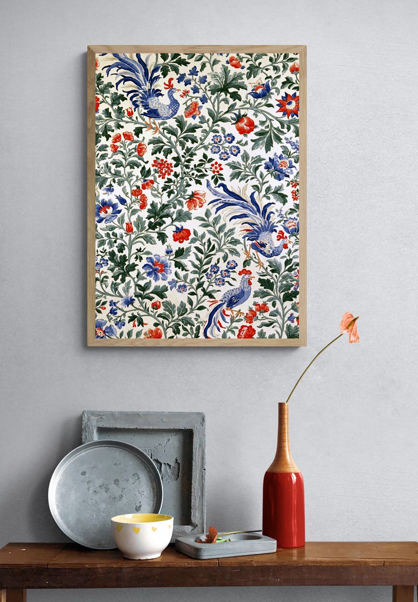 Chinoiserie Rooster Floral Poster. — room view 3