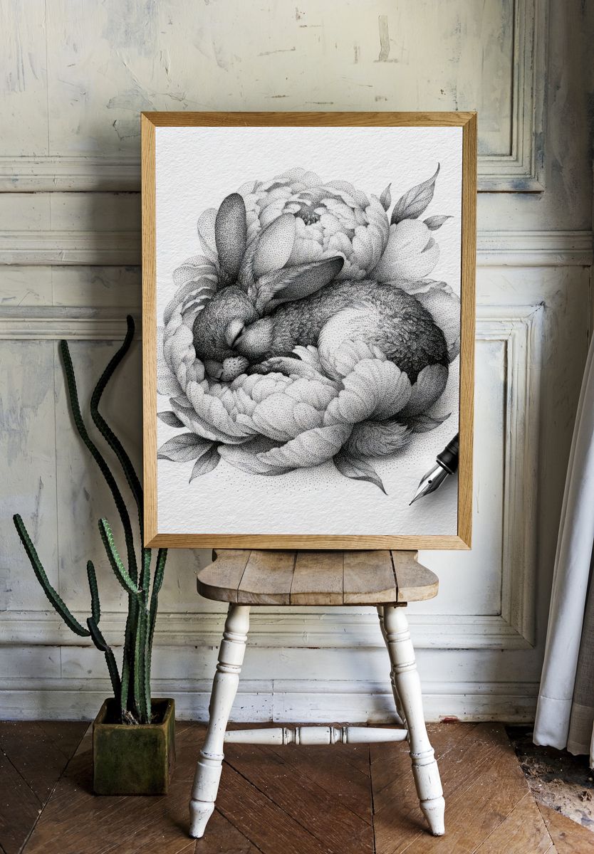 Peony Ink Drawing Poster. room preview