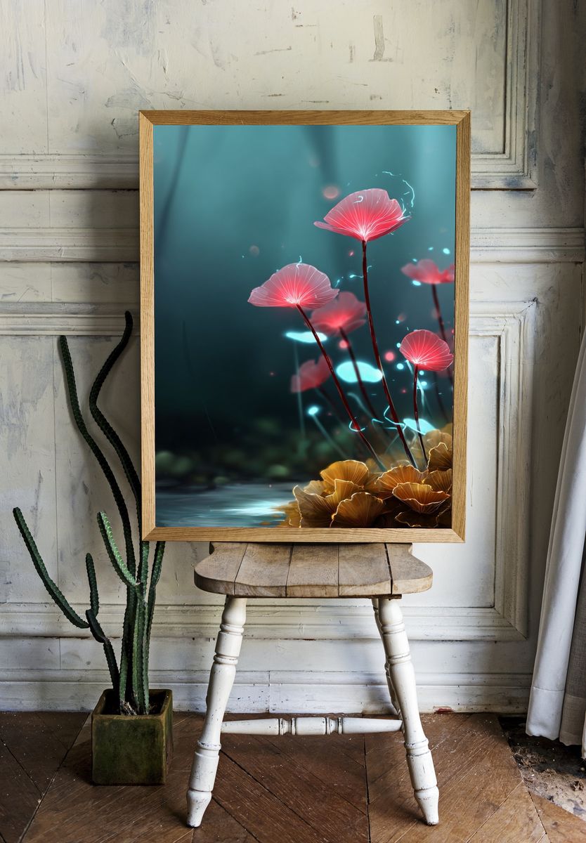 Glowing Fantasy Mushrooms Illustration Poster. room preview