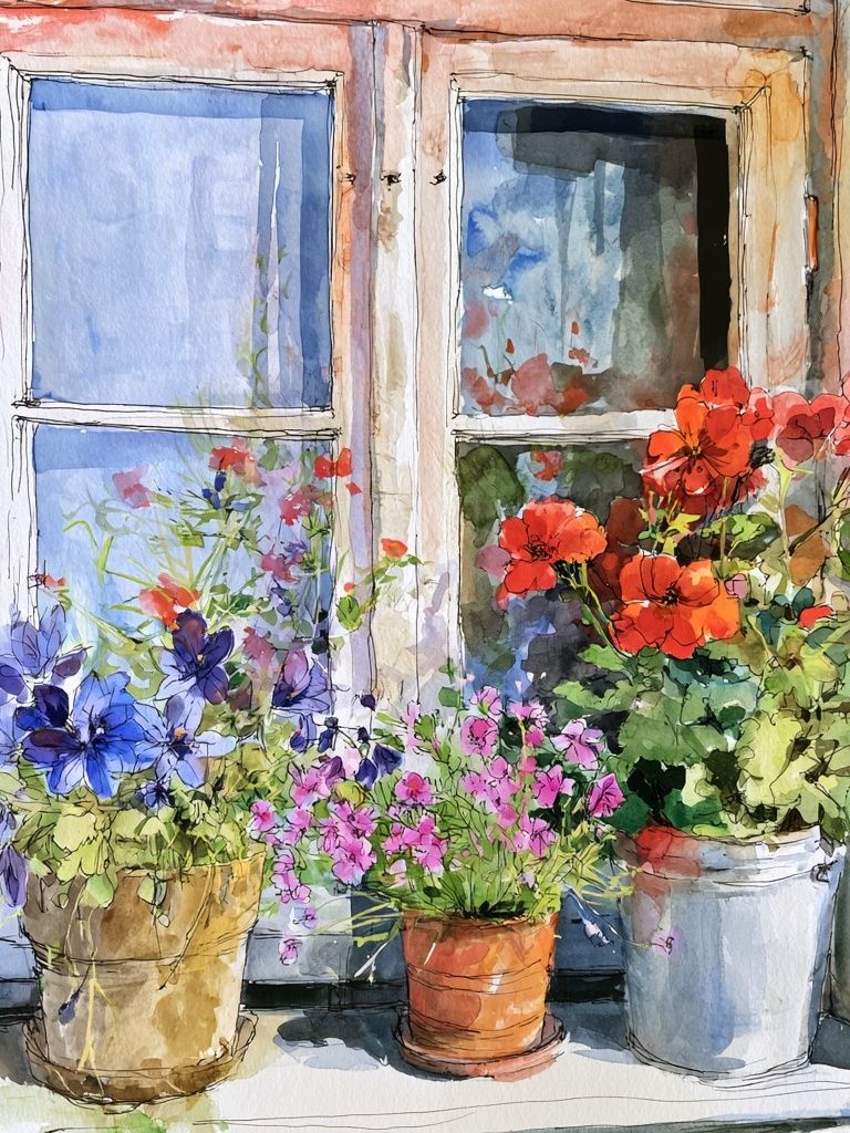 Window Flower Pots Watercolor Poster. poster detail
