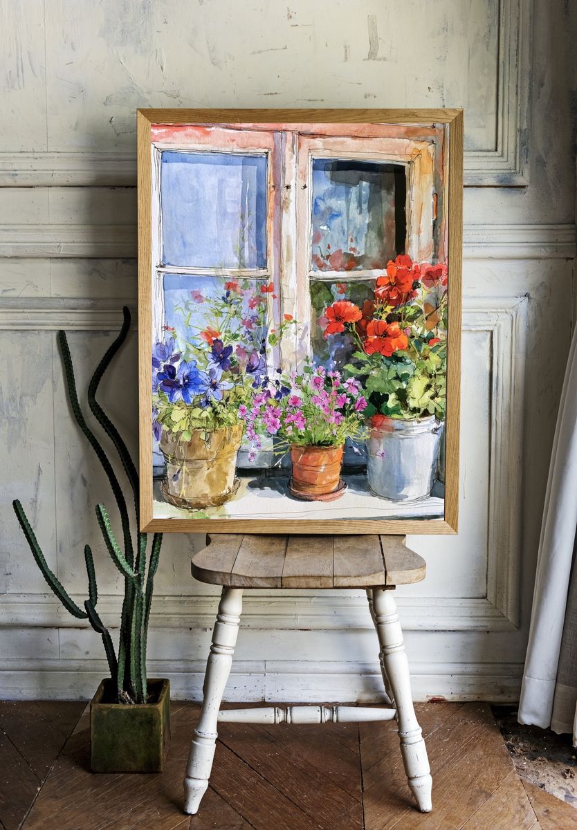 Window Flower Pots Watercolor Poster. — room view 1