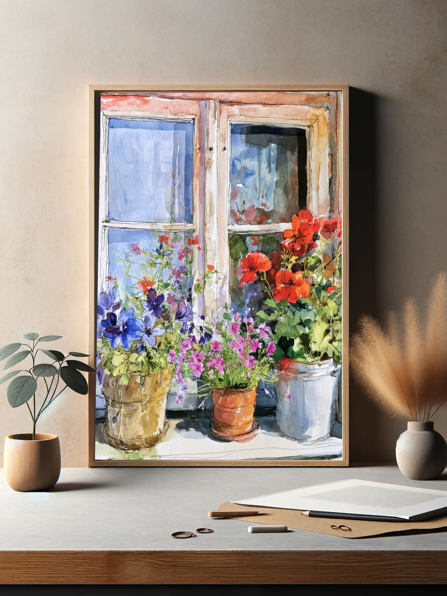 Window Flower Pots Watercolor Poster. — room view 2