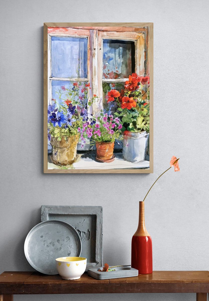 Window Flower Pots Watercolor Poster. — room view 3